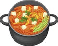 Food illustration, kimchi with vegetables, cucumber, sweet peppers, tofu slices and greens